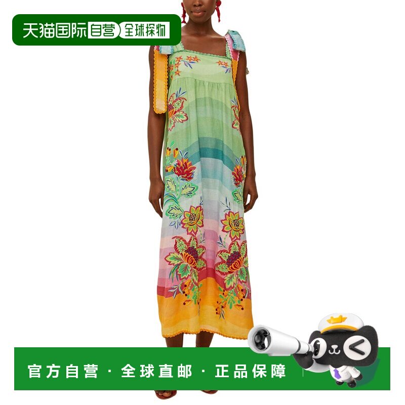 自营FARM Rio亚麻Aura花卉多色刺绣束腰长裙-红色 美国奥莱直发