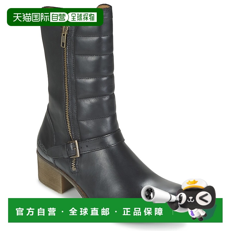 欧洲直邮kickers 女士黑色皮革中筒拉链皮带扣帅气复古时尚西部靴