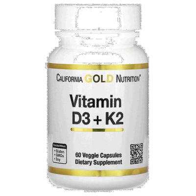 香港直邮California Gold Nutrition,维生素 D3 + K2，60 粒素食