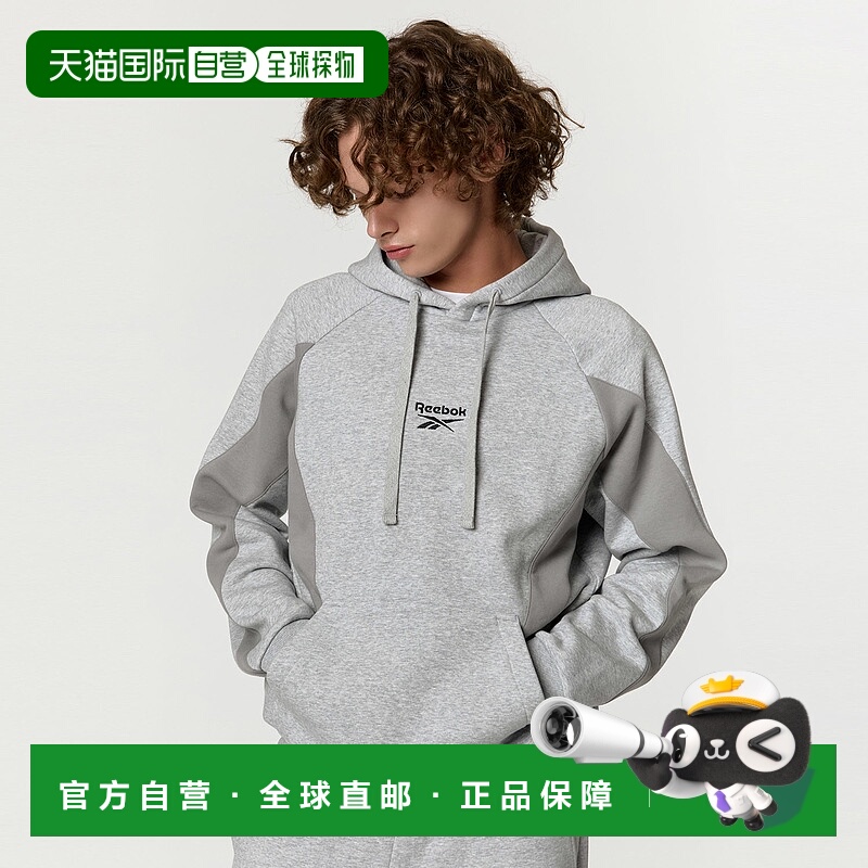 韩国直邮Reebok 字母印花拼接连帽长袖卫衣 男款 灰色