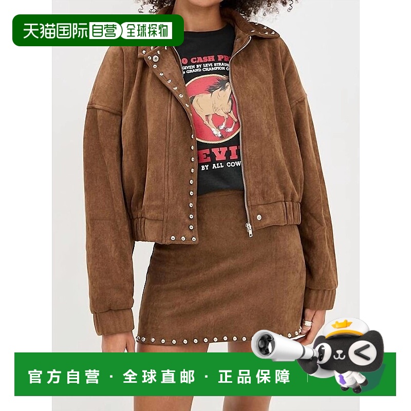 自营moon riverStud Detail Zipper Front Faux Suede Jacket In