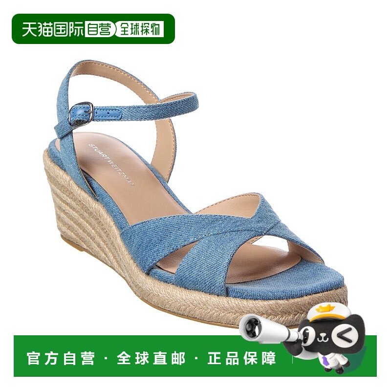 自营Stuart Weitzman迈阿密Espadrile帆布和皮革楔形-蓝色 美国奥