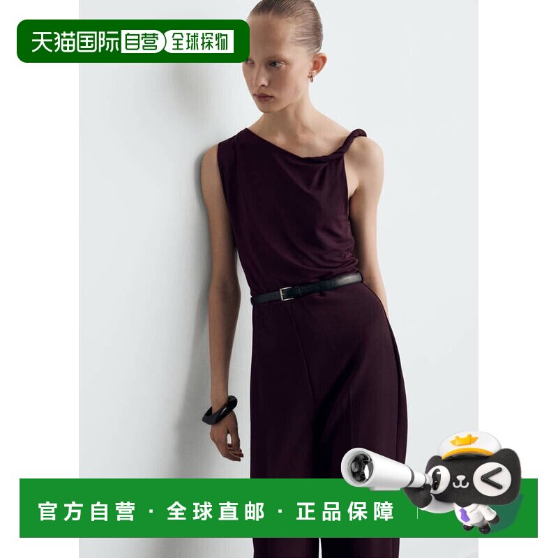 自营欧洲直邮MANGO 女士酒红色聚酯纤维不对称领腰带连体裤