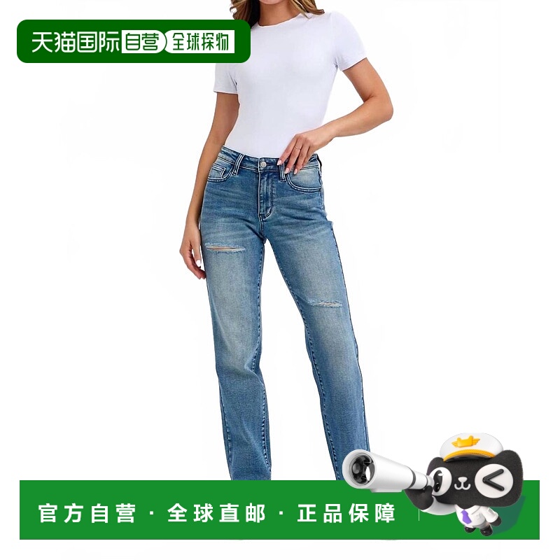 自营judy blueMid Rise Destroyed Dad Jeans In Contrast Wash -