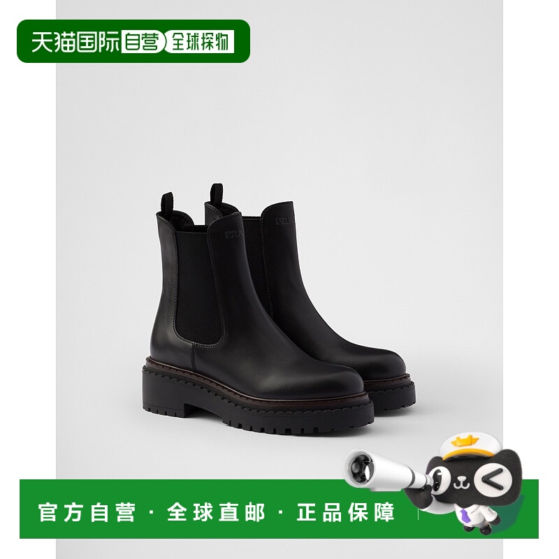 自营欧洲直邮Prada普拉达 女士黑色小牛皮烫金logo标识切尔西靴