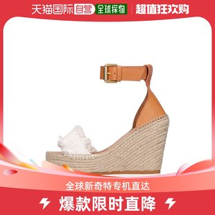 CHLOÉ 香港直邮潮奢 SEE 女士120毫米Glyn帆布&皮革坡跟鞋