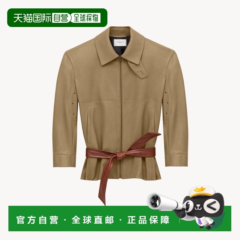 自营欧洲直邮YSL圣罗兰 女士金色/猎犬棕色羔羊皮撞色腰带外套,运动服/休闲服装,运动茄克/外套,淘宝优惠券,粉丝福利购,淘宝优惠卷
