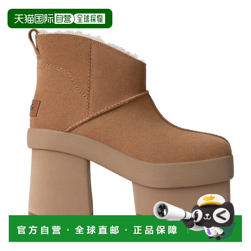 自营欧洲直邮UGG24新款 女士褐色麂皮鞋面防臭鞋垫防滑徽标高跟短图片