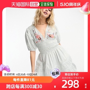 设计刺绣迷你茶色泡泡袖 香港直邮潮奢 女士channel 连衣裙 ASOS