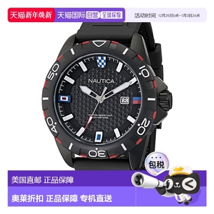 美国奥莱直发 黑色铁洗 自营Nautica男士 Nsr硅胶表带3只手手表