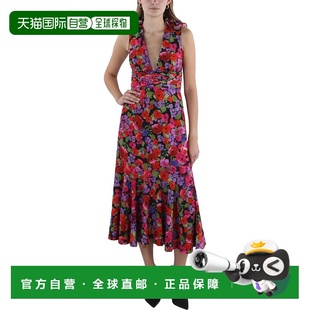 红色花朵 自营amur女式 领中长连衣裙 美国奥莱直 膝盖以下深
