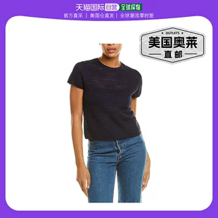 美国奥莱 短袖 直 Vince女士T恤夏季 蓝色钩针编织圆领套头复古