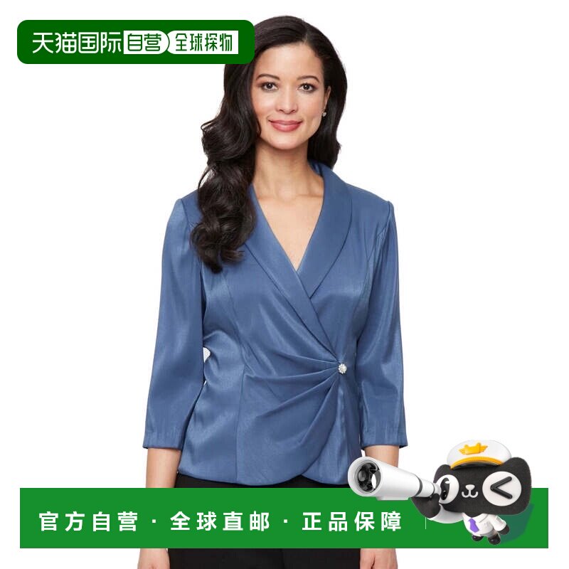自营alex eveningsAlex晚装女式蓝色不对称裹身披肩领衬衫PALL81-图片