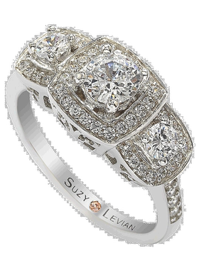 自营 Suzy Levian 纯银立方氧化锆白色三颗宝石光环订婚戒指 - 白