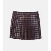 潮奢 格纹褶裥初剪羊毛迷你半身裙 女士 Miu 缪缪