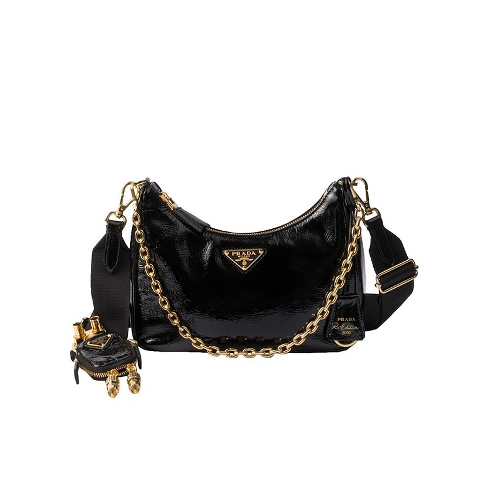 Prada/普拉达 女士黑色皮革可调肩带和链条拉链闭合单肩包