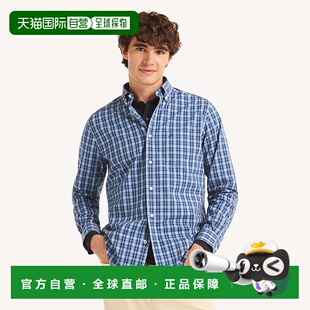 自营Nautica男式经典修身抗皱格子衬衫-里维埃拉蓝 美国奥莱直发