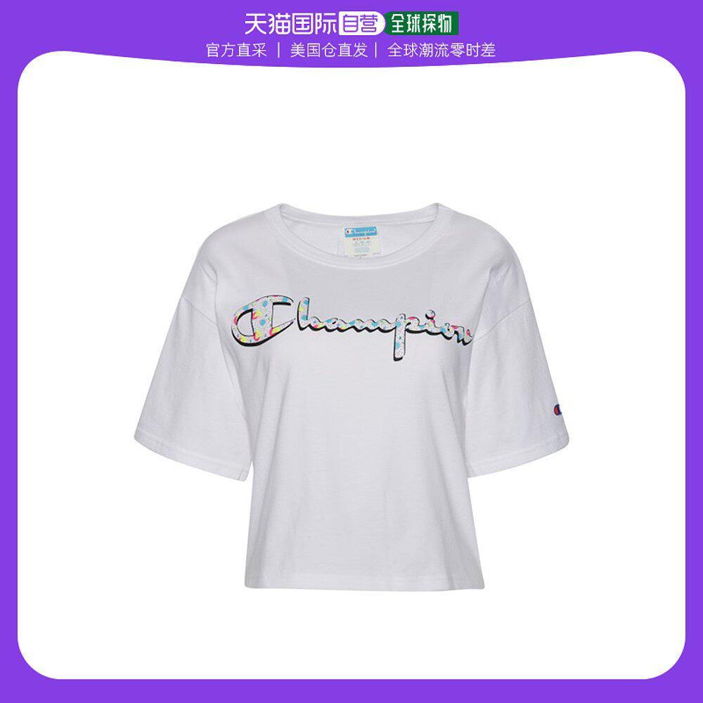 美国直邮champion冠军女士白色印花圆领短袖套头短款t恤衫