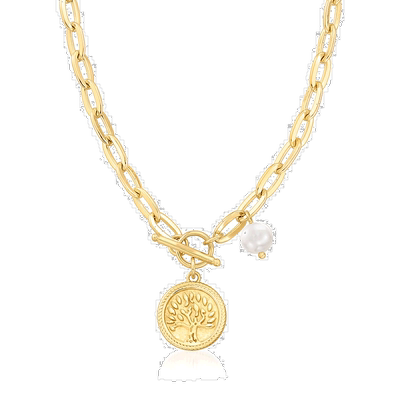 自营 Ross-Simons 18 克拉金生命之树硬币项链配 7 毫米养殖珍珠