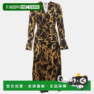 自营Ganni Black Printed Stretch Satin Ruched Midi Dress - bl