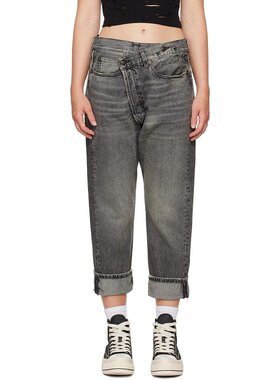 美国直邮R13女士牛仔裤直筒徽标褪色做旧休闲时尚易搭配女装下装