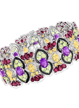 自营Ross-Simons 多宝石和黑色珐琅手链 925 纯银 - 8 英寸 美国