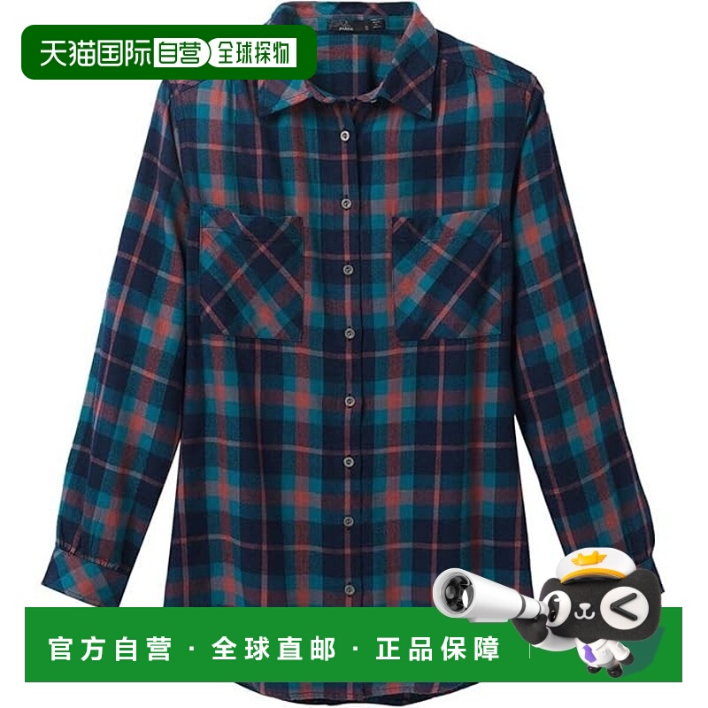 自营 PrAna Beezly法兰绒衬衫女式蓝色格子棉口袋纽扣GBO107-蓝色