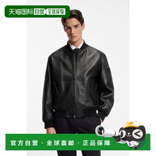 自营欧洲直邮Hugo Boss 男士黑色绵羊皮拉链开合皮衣