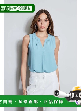 自营 T Tahari上衣女式蓝色雾霾无袖褶开叉V领衬衫FTS1112-蓝色