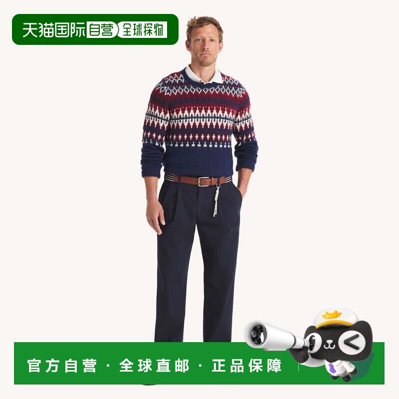 自营Nautica Mens刺绣褶裥弹力横纹裤子-海军蓝 美国奥莱直发