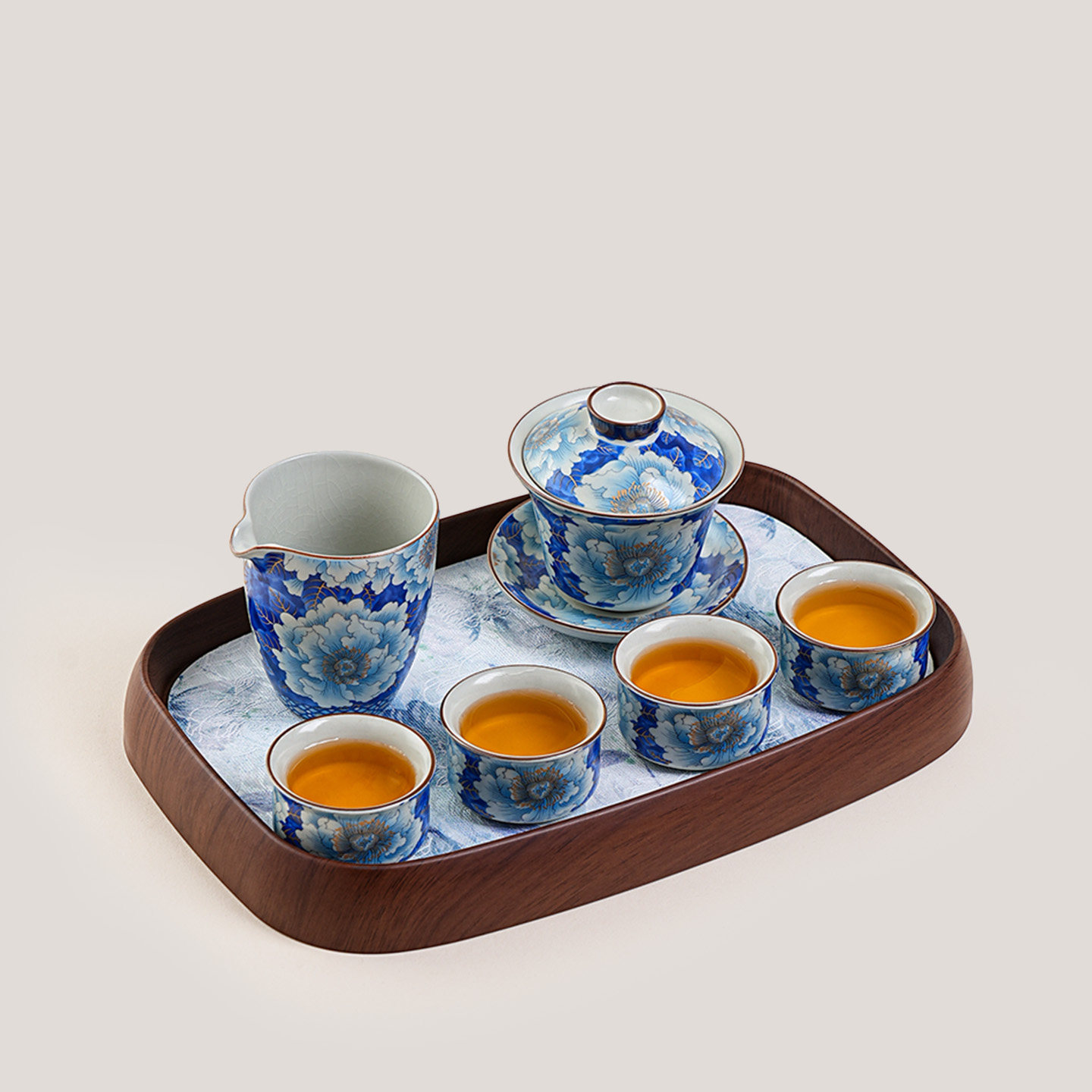 青花汝窑盖碗茶具套装家用中式功夫泡茶碗茶杯高档轻奢干泡小茶台