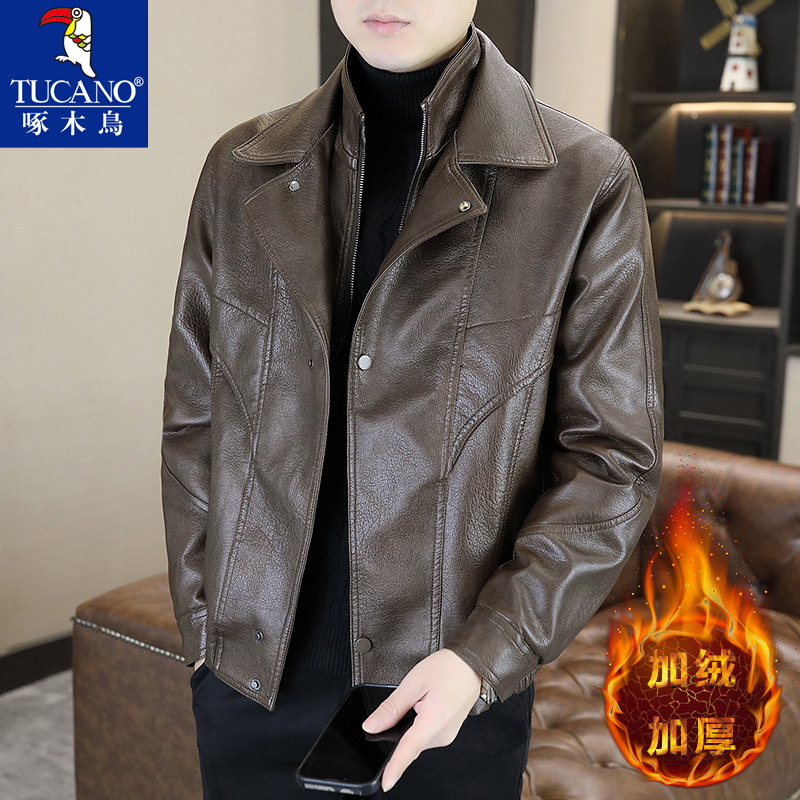 啄木鸟皮夹克外套男款潮流秋冬假两件加绒加厚机车防风高级感皮衣