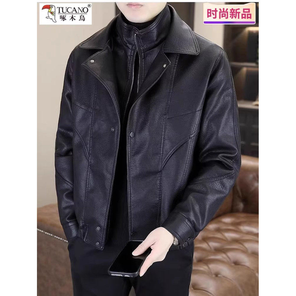 啄木鸟冬季新款加绒加厚假两件皮衣男装百搭皮夹克外套机车服帅气