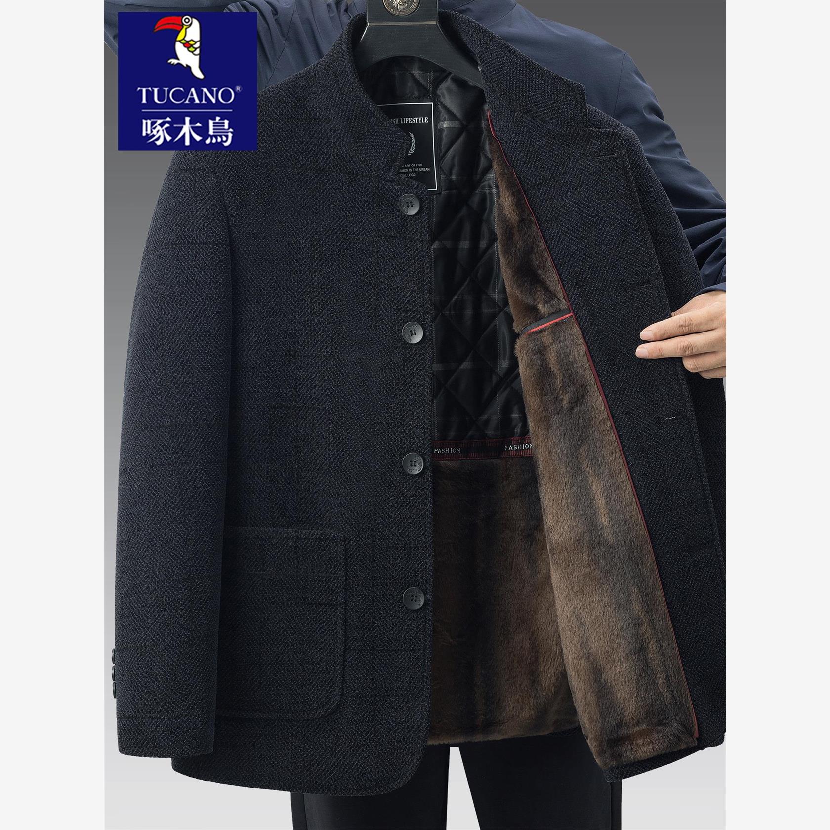 啄木鸟加绒加厚棉衣男立领中山装羊毛呢子棉袄中老年爸爸爷爷外套