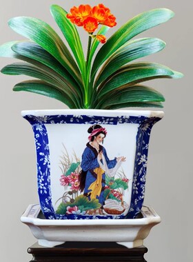 景德镇陶瓷四方中式花盆带托盘