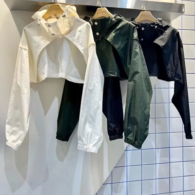 新款披肩早秋2025纯色短款高腰立领连帽遮阳防晒外搭小外套上衣