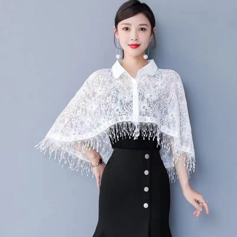 蕾丝披肩小开衫女时尚翻领斗篷外搭配裙子旗袍薄外套流苏上衣