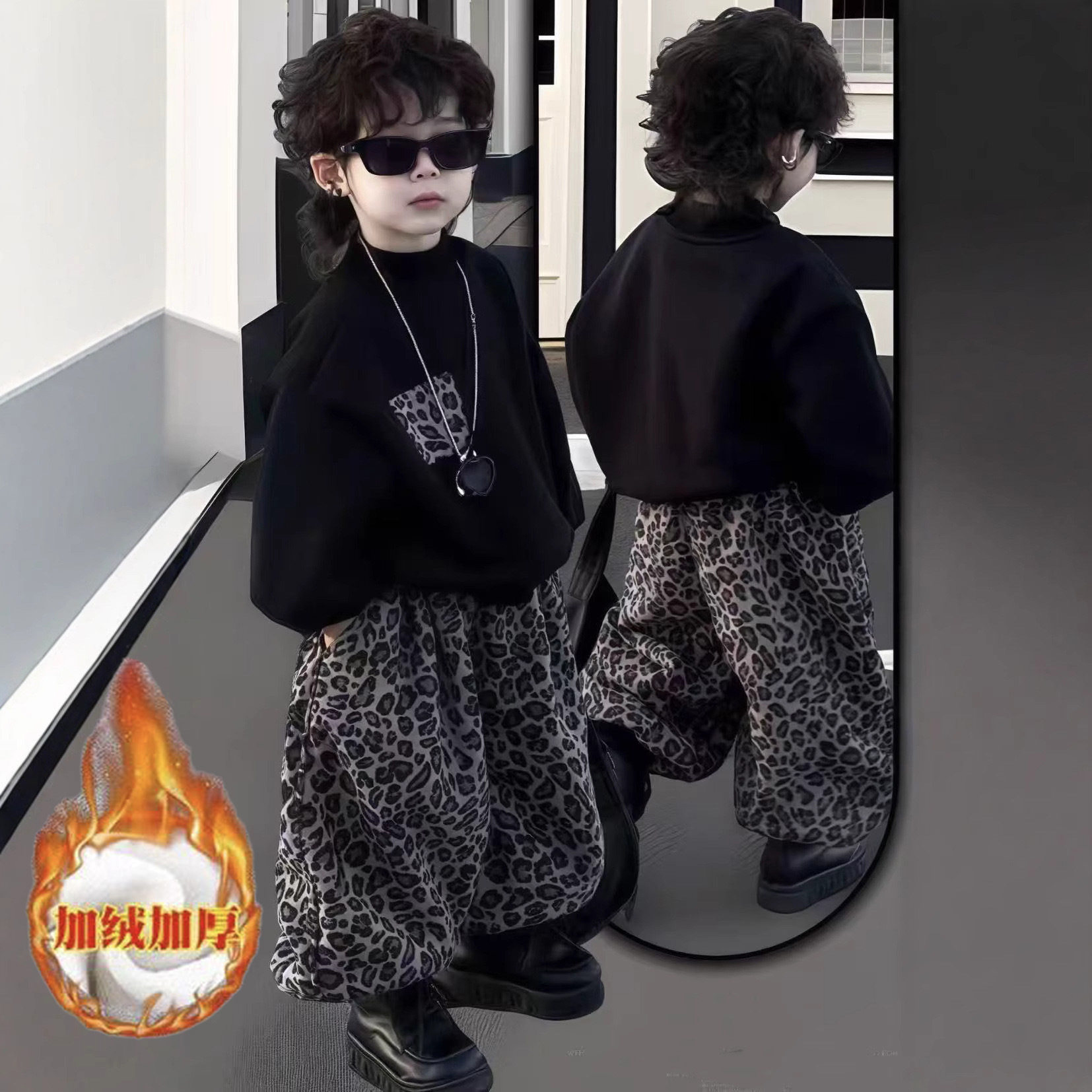 儿童加绒套装2025冬季新款宝宝时尚豹纹圆领韩版洋气男女童两件套,童装/婴儿装/亲子装,儿童运动套装,淘宝优惠券,粉丝福利购,淘宝优惠卷