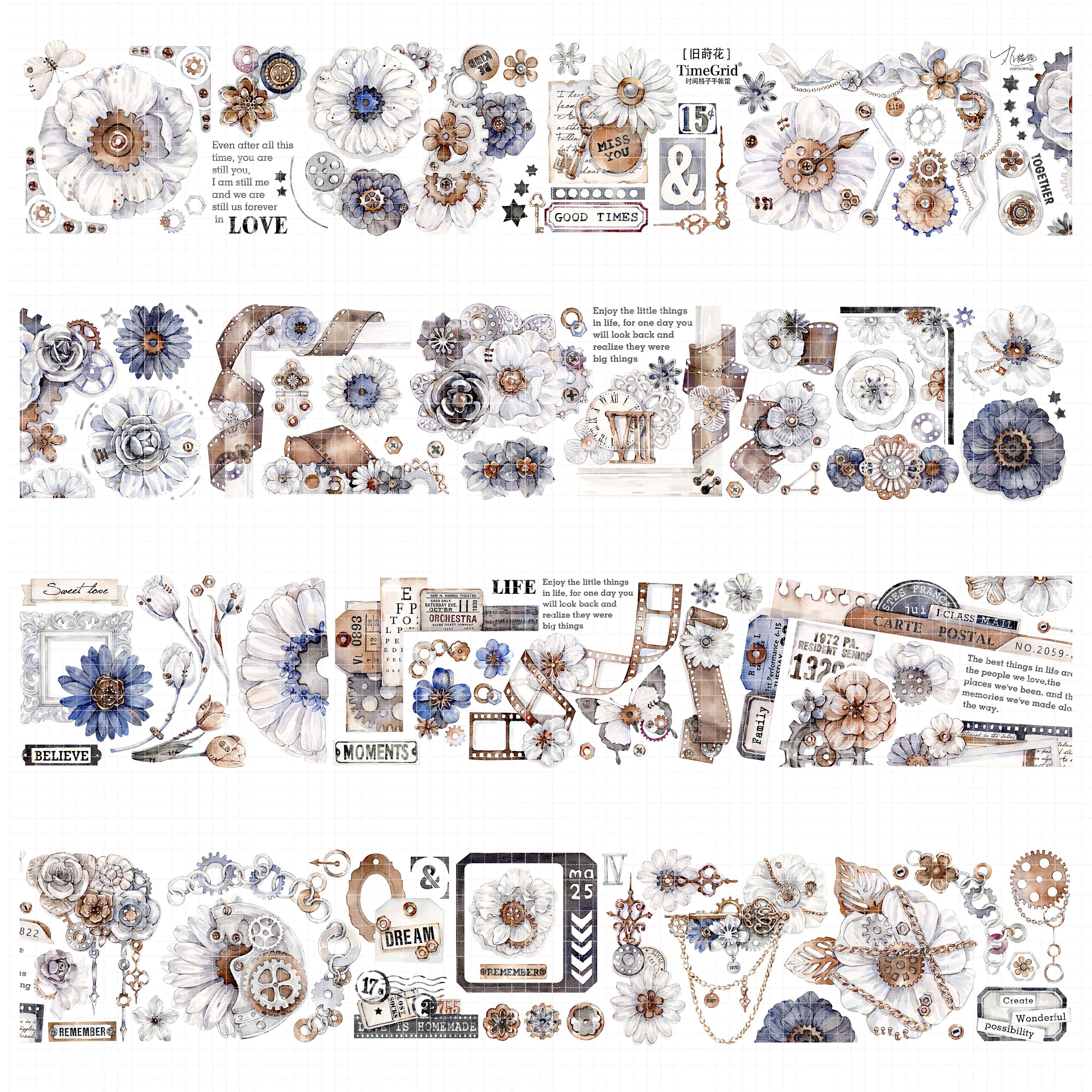时间格子手帐胶带分装花未央 旧时花 塞纳时光复古素材贴纸棉花花
