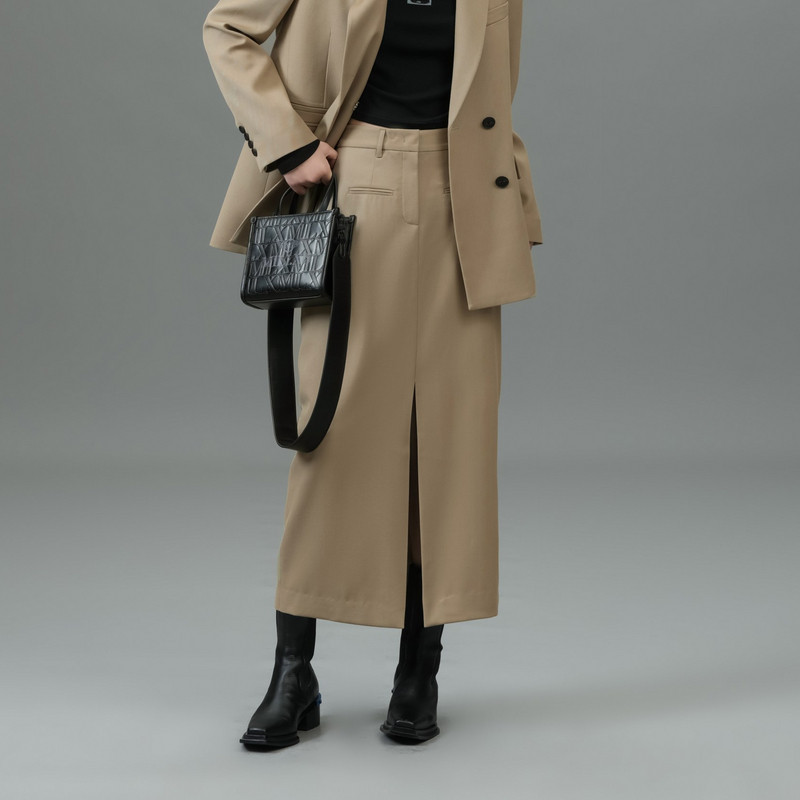 uti尤缇2025春季新款 灰绿色开衩西装绵羊毛半身裙女UK110301085