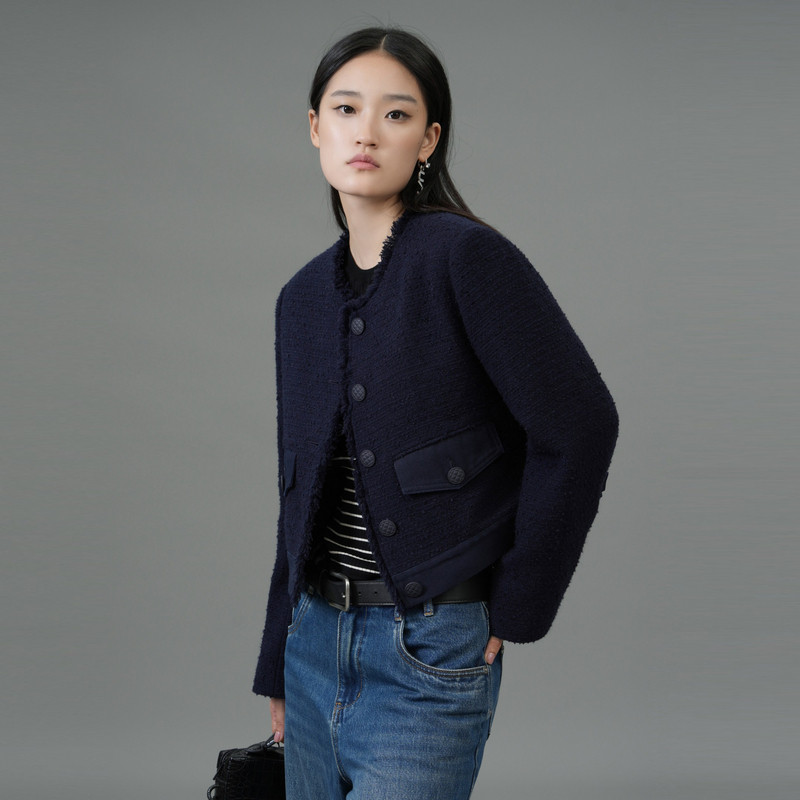 uti藏青色小香风短外套女