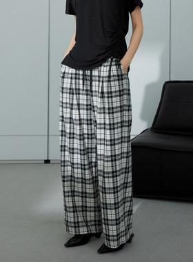 uti尤缇2025夏季新款 复古格纹抽绳阔腿裤女垂感长裤UL2D0294795