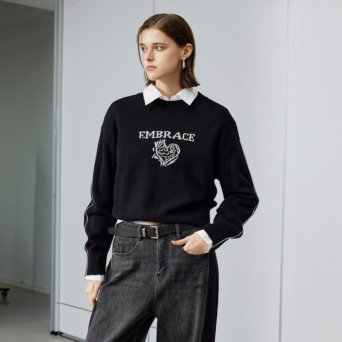 uti尤缇2024冬季新款 黑色提花绵羊毛毛衣女套头毛衫UJ451132390,女装/女士精品,毛针织衫,淘宝优惠券,粉丝福利购,淘宝优惠卷