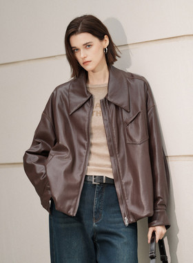 uti尤缇2025冬季新款 复古腔调宽松休闲PU皮外套女UL4D3595009