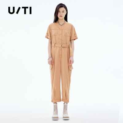 uti尤缇2021夏季新款 工装风短袖纯色连体裤女配腰带UH202953AD73