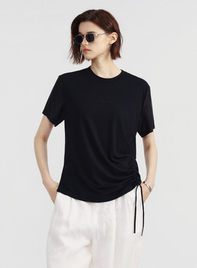 uti尤缇2025夏季新款 设计感拼袖抽绳黑色T恤女上衣UL2D0192590