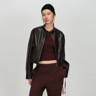 uti尤缇2026春季 咖色复古纹理短皮衣女休闲短外套UL120704509 新款