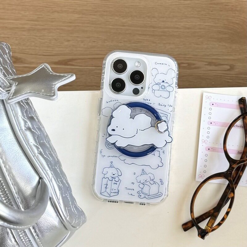 ins韩系小众卡通蓝线条小狗磁吸支架摇摇乐适用iphone16Promax苹果15全包手机壳新款双层14保护套女