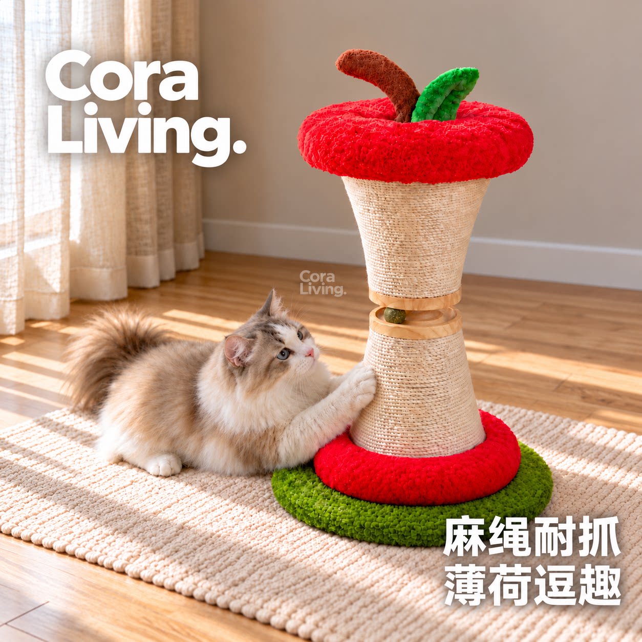 Cora Living苹果猫抓板立式剑麻抓柱猫咪磨爪带薄荷球可爱猫爬架