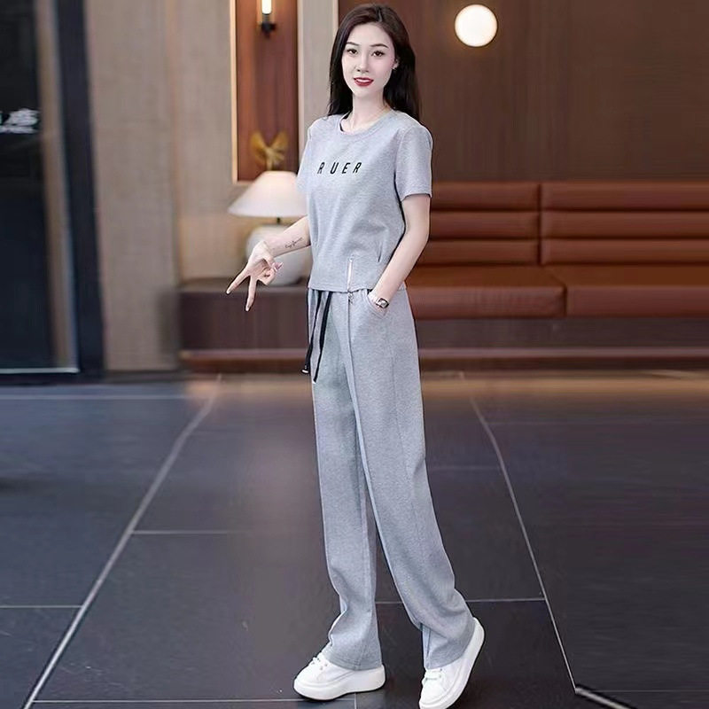 夏季休闲运动套装女2026新款洋气收腰显瘦短袖上衣阔腿裤两件套潮